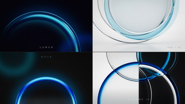 Abstract blue glowing circles and arcs with light effects on dark and light backgrounds