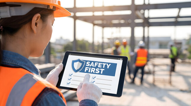 Female safety officer holding tablet with Safety First checklist on construction site, Engineer inspecting occupational workplace safety using digital tablet at building site.