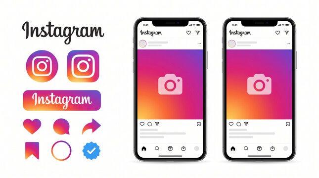 Instagram mobile app UI template mockup for iPhone. Set of social media icons including heart, comment, share, save, verified badge and logo with gradient color profile feed layout presentation.