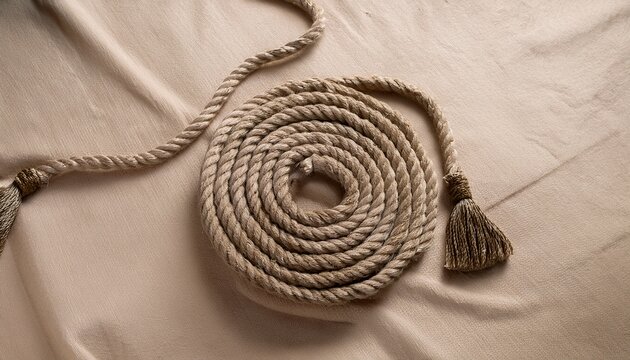 Coiled Rope With Tassels On A Textured Beige Fabric Surface Background