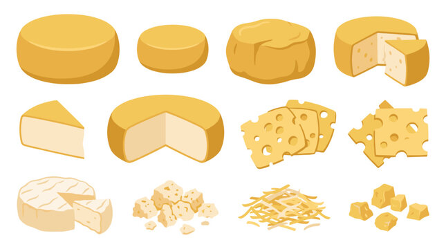 Collection of cheese types, including whole wheels, slices, cubes, and grated varieties, set against a neutral backdrop