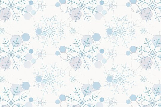 Seamless winter pattern featuring light blue snowflakes and geometric hexagonal shapes on a clean white background, for seasonal decor