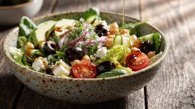 Pouring Balsamic Glaze Over Fresh Healthy Mediterranean Salad with Avocado and Feta Cheese