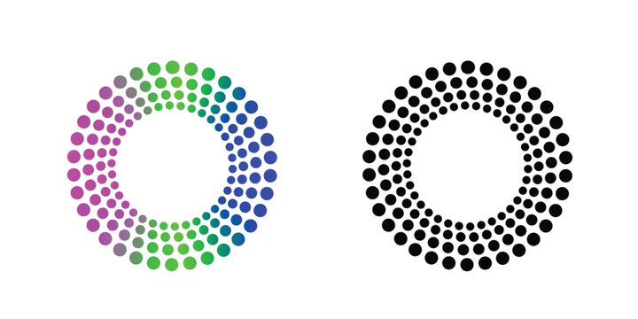 Round frame set made of small circles with gradient color shift and solid black color variant isolated on transparent grid for modern graphic design usage.