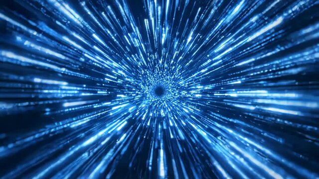 Abstract light speed tunnel with glowing blue streaks and particles creating a sense of fast travel through a digital wormhole