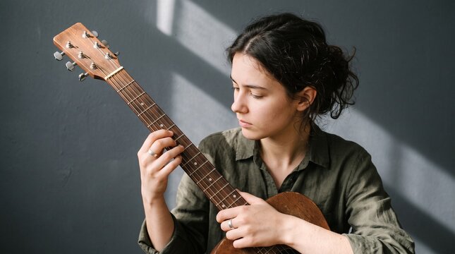 Young woman playing acoustic guitar indoors