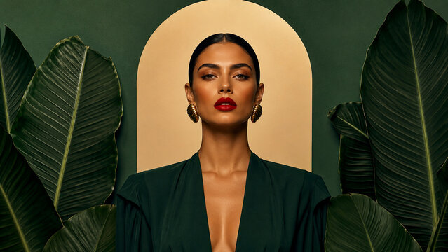 Elegant woman in a deep green gown framed by oversized tropical leaves and a golden halo.