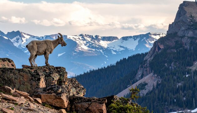 Majestic Bighorn Sheep on Rocky Outcrop with Mountain Backdrop.