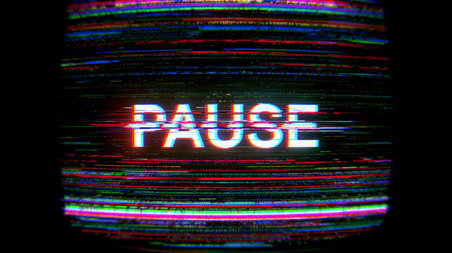 A digital glitch graphic displays the word PAUSE over a retro television static background. This represents a technical failure or media interruption concept.