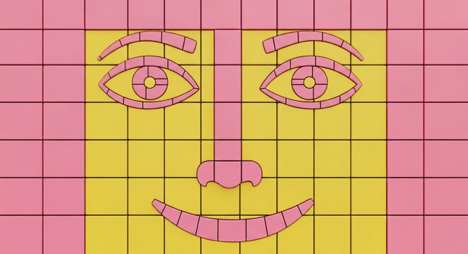 Abstract face illustration in pink and yellow grid pattern  