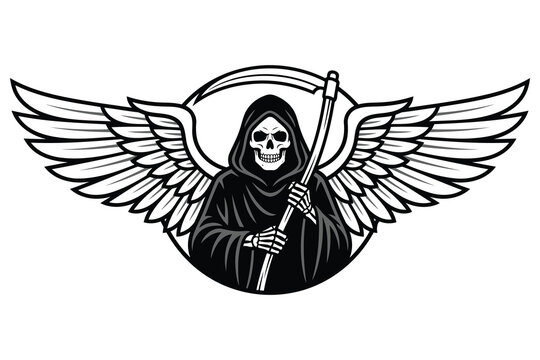 A black and white of a grim reaper with large wings holding a scythe death skeleton