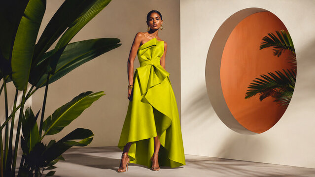 Elegant woman in a sculptural lime dress posing among tropical plants and modern geometric architecture.