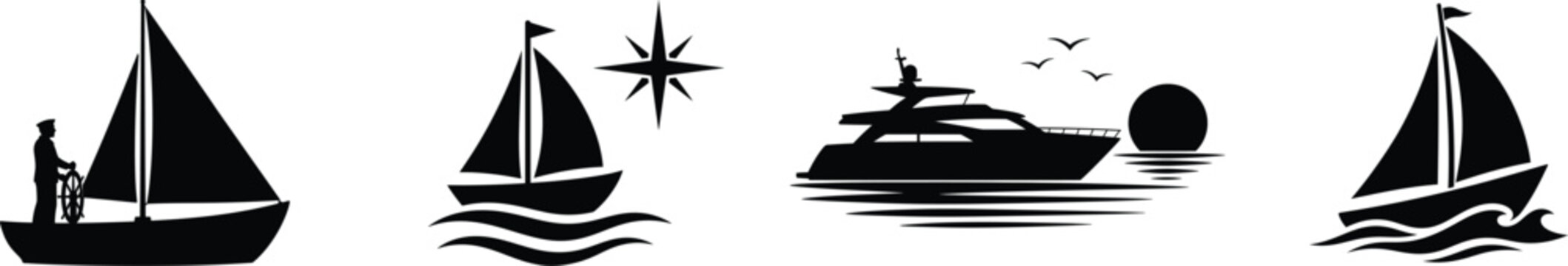 Four different types of boats sailing on the water with a compass and sunset