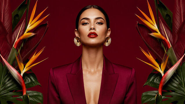 Elegant woman in a burgundy blazer framed by vibrant bird of paradise flowers and tropical foliage.