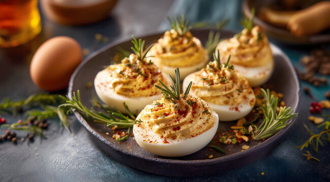 Creative food template. Deviled devilled egg, with creamy stuffed season yolk topped with paprika. copy text space. long banner