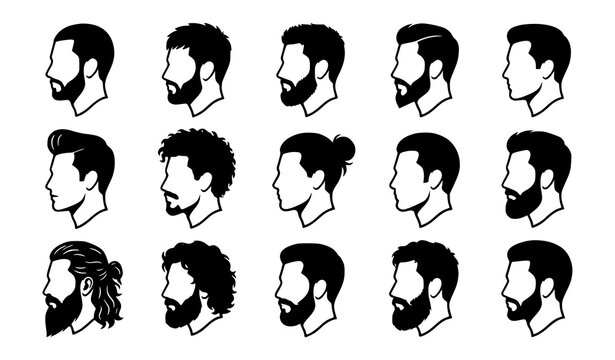 Premium Male Profile Haircut Hairstyle Beard and Facial Hair Silhouette Vector Collection