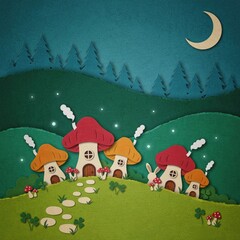 Naklejka premium Whimsical mushroom house village under full moon at night. Cozy fantasy landscape with glowing toadstool cottages and magical forest setting.