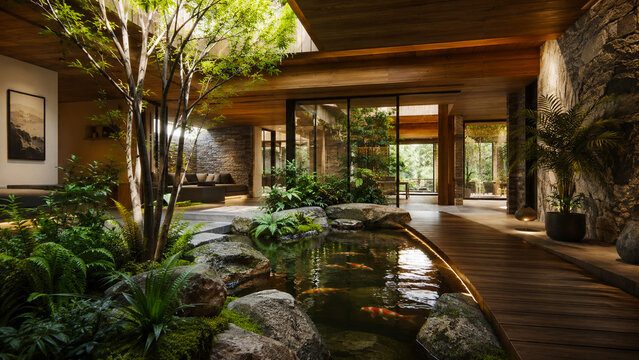 Modern interior courtyard with a tranquil pond, lush greenery, and warm wooden architecture.