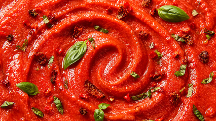 Rich tomato sauce with textured swirls and fresh basil leaves. © Ina Krel