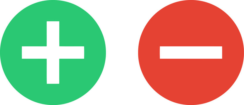 Plus and minus icons green add and red subtract buttons isolated on white background