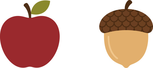 Red apple and brown acorn flat vector illustration © Your Vectors