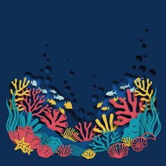 Fototapeta premium Paper cut coral reef background. Underwater ocean life with colorful sea plants and fish.