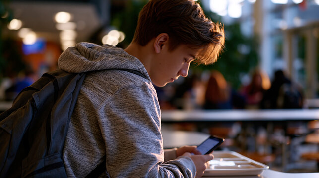 Over the shoulder view of teenage boy composing unsent message draft on phone screen sitting alone in high school cafeteria populated but profoundly isolated tray untouched backpack pulled close emb