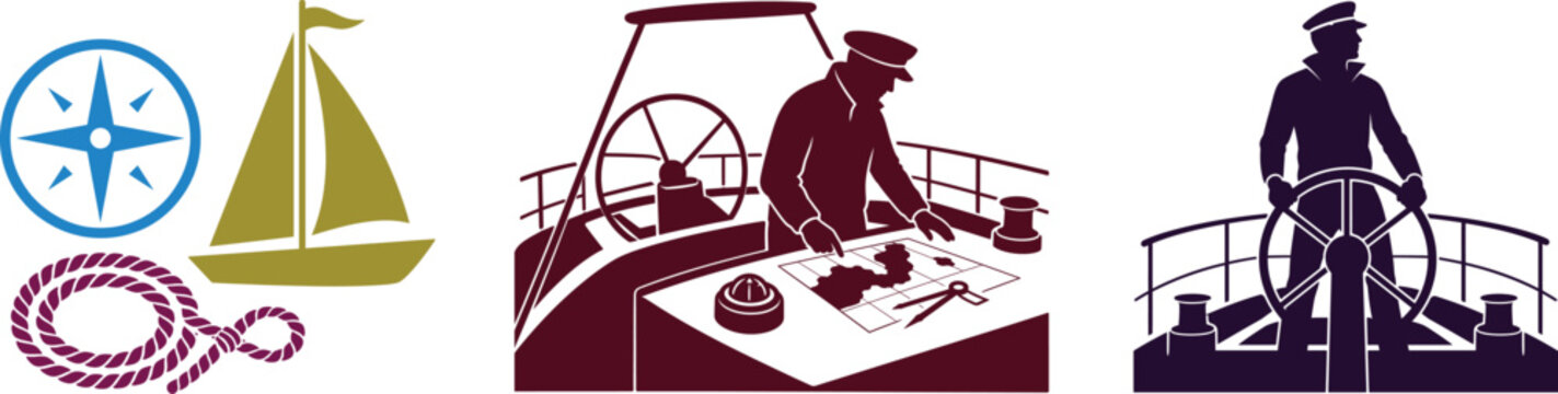 Nauticalthemed icons featuring compass rose sailboat rope captain and ship steering wheel