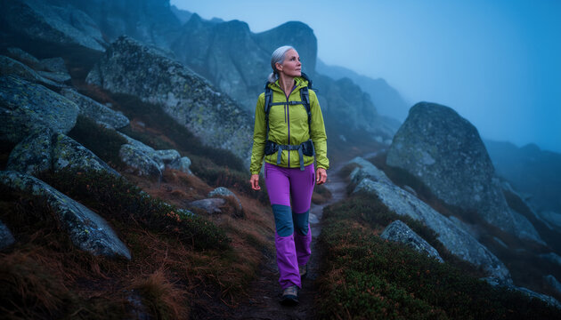 Determined senior female hiker with backpack walking along rocky mountain trail in moody foggy mist environment during twilight autumn trekking