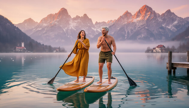 Happy romantic couple paddleboarding together on turquoise alpine lake with dramatic snowy mountain peaks and soft fog during golden hour sunrise