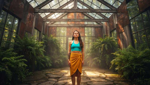 Serene young woman standing with eyes closed meditating in sunlit botanical glass greenhouse filled with lush green ferns and warm light rays
