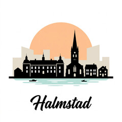 Obraz premium Halmstad Sweden Skyline Silhouette – Coastal River City Vector Illustration