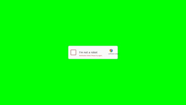 I'm not a robot verification on green screen: A I'm not a robot checkbox with CAPTCHA verification prompt appears centered on a vibrant green screen background, ideal for compositing.