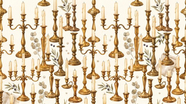 Elegant Vintage Brass Candlestick Pattern Featuring Lit Taper Candles Surrounded By Soft Watercolor Olive Leaf Sprigs For A Sophisticated Classical Decorative Background Design Texture Wallpaper