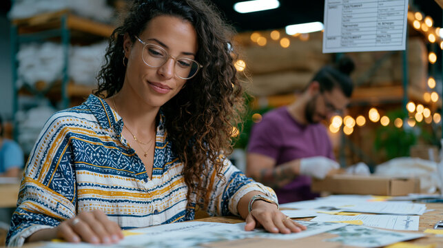 Subscription box brand founder reviewing a prototype seasonal kit on a workbench, product sampling notes spread around, a team member packaging a sample nearby, fulfillment spec sheet pinned above, 