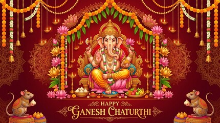 Fototapeta premium Festival of Ganesh Chaturthi with golden shiny Lord Ganesha patterned and crystals on paper color Background.