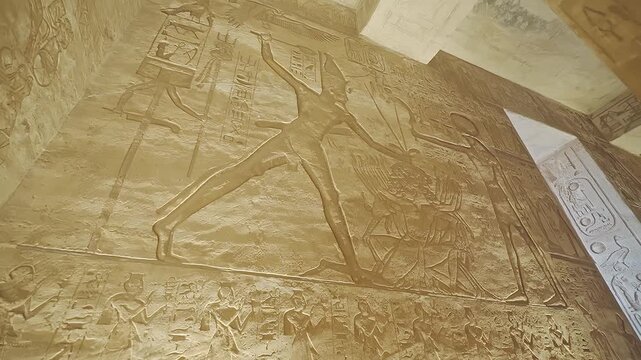 4k footage of Interior view of the famous abu simble temple that is decorated with gods figures and hieroglyphs in aswan in Egypt. 