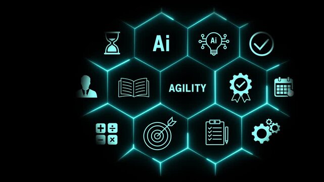 Digital business agility concept featuring glowing hexagonal network interface with artificial intelligence, strategic planning, data analytics, and workflow management on dark background