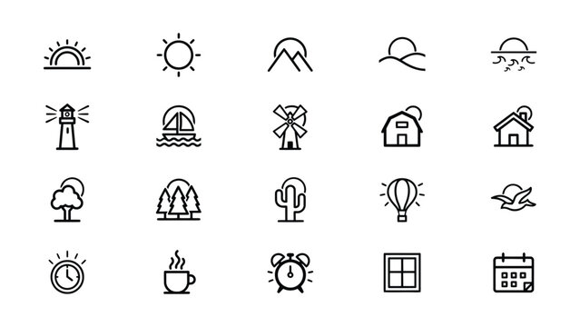 Collection of minimalist line icons depicting various nature scenes travel and daily life elements with transparent backgrounds