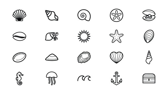 Collection of Various HandDrawn Seashells Marine Life and OceanThemed Icons with Transparent Background