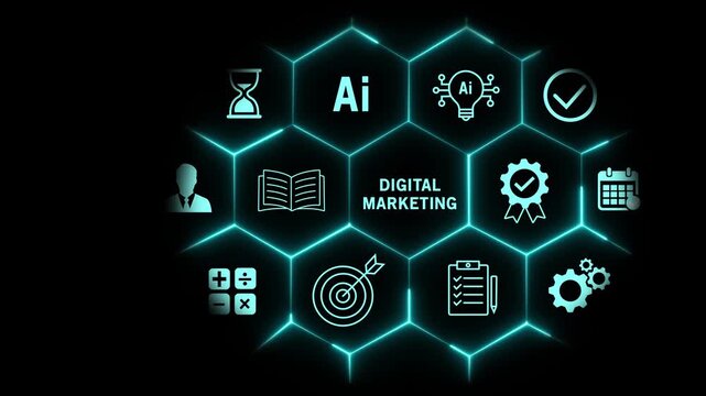 Digital marketing strategy concept featuring glowing hexagonal infographic with artificial intelligence, seo analytics, target audience growth, and business optimization on a dark background