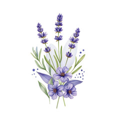 Obraz premium Watercolor lavender flowers and leaves bouquet illustration