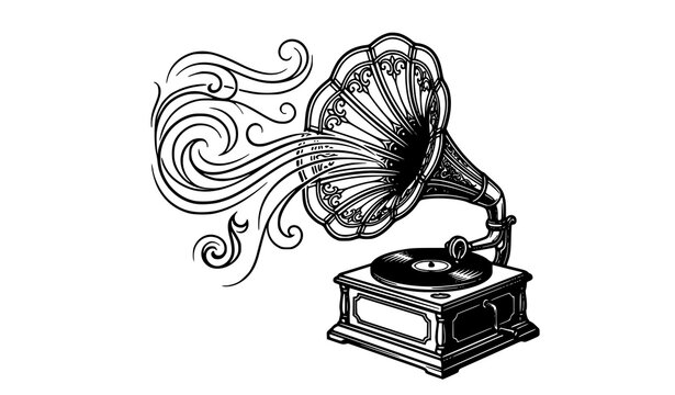 Vintage Gramophone with Flowing Sound Waves Black and White Vector