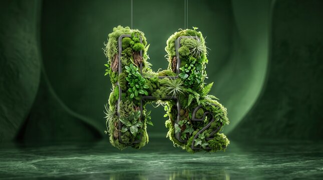 Letter h covered in lush green forest moss with eco friendly alphabet creative