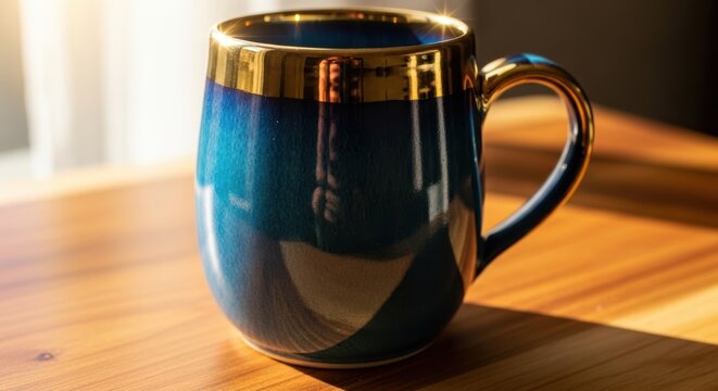 Elegant blue and gold coffee mug sitting on a wooden table