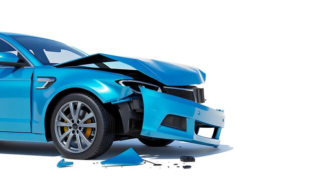 Damaged blue car with front collision isolated on white background