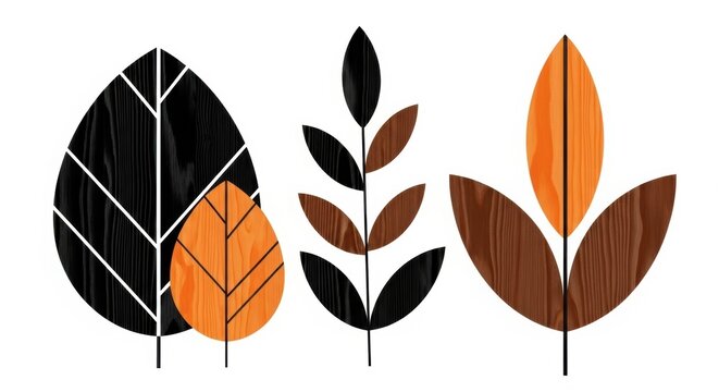Set of modern flat autumn leaves icons in black and orange colors