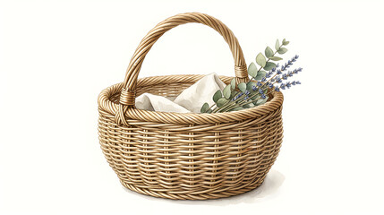 Obraz premium Natural woven wicker basket with realistic texture, Scandinavian home decor, premium watercolor illustration, isolated on white background