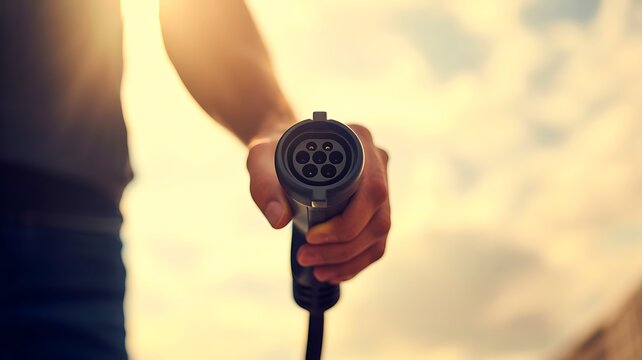 Hand holding electric vehicle charging plug at sunset for sustainable transportation