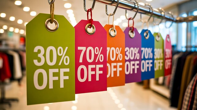 Colorful discount sale tags hanging in retail store for shopping promotion